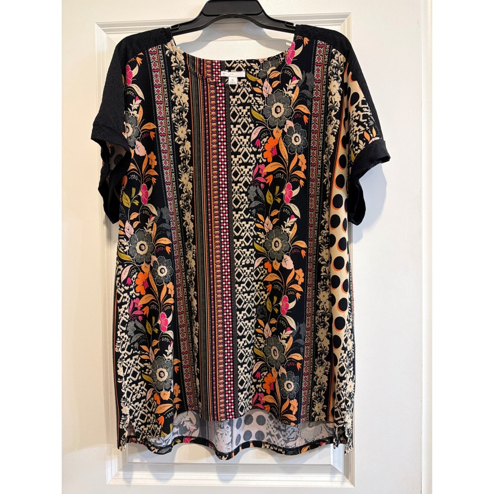 Est. Women Floral Geometric Mixed Print Tunic Blouse Black Orange XL RN37080